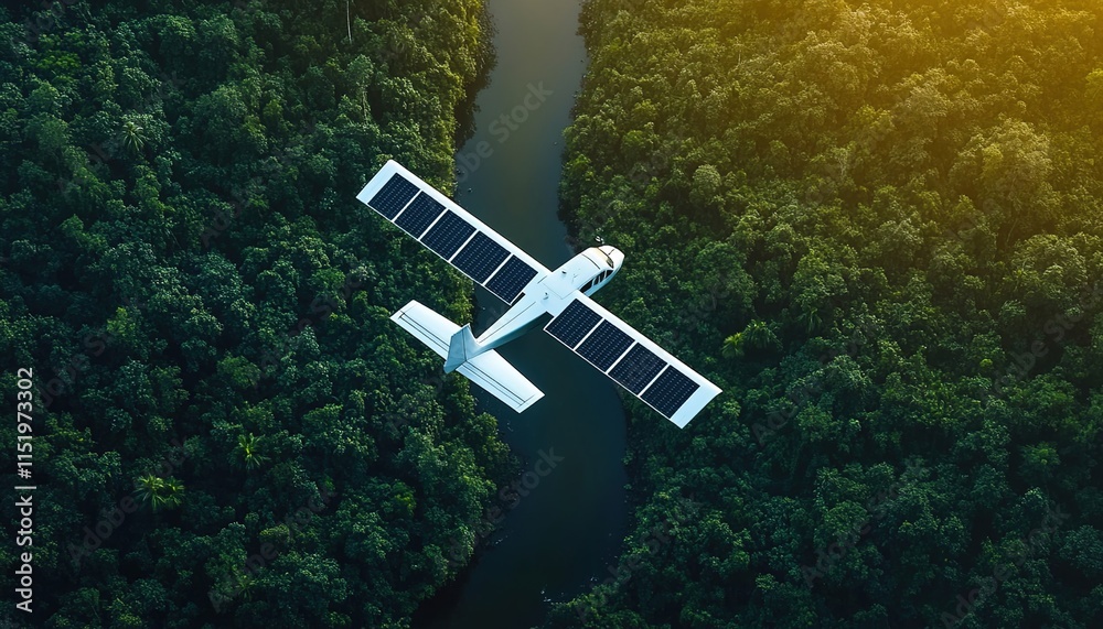 Aerial view of a small white airplane with solar panels flying over a river through a dense forest, a sustainable travel concept.