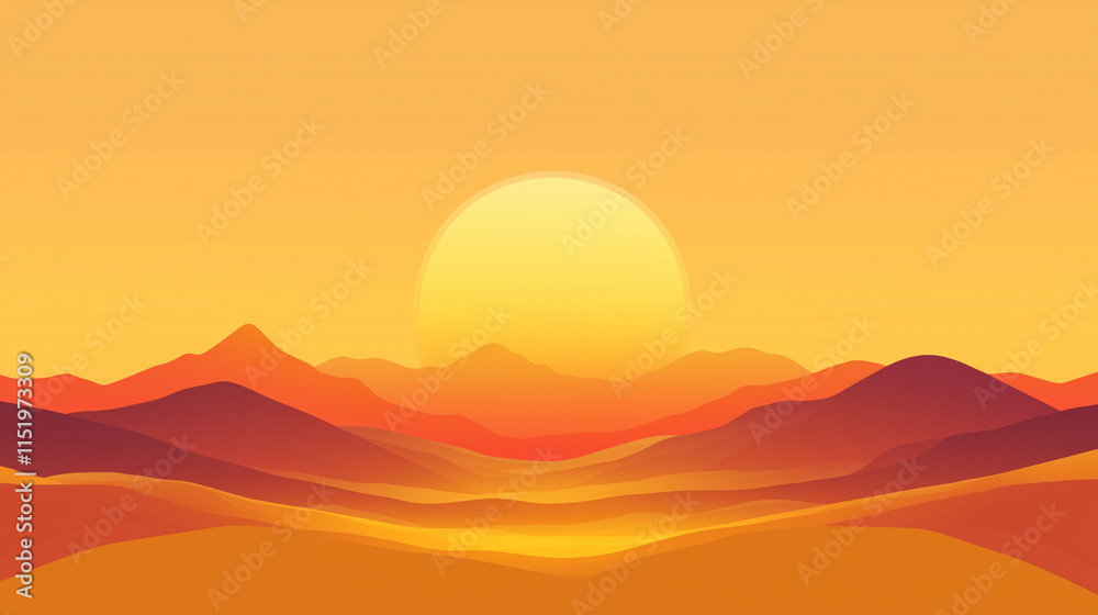 Obraz premium Rising sun, minimalist vector sunset over desert with mountains