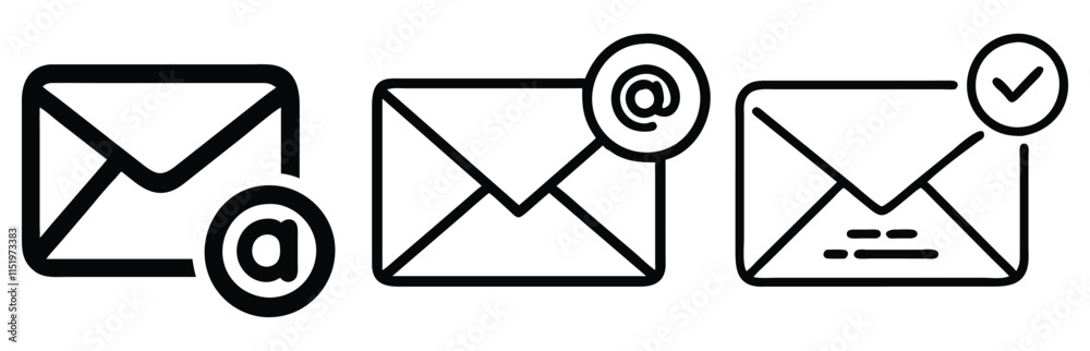 Set of black outline vector icons depicting email and envelope designs with symbols like Set of black outline vector icons depicting email and envelope designs with symbols like