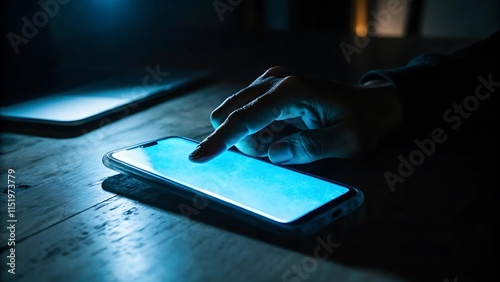 Hand Using Smartphone in Dark Environment, Technology and Connectivity Mobile Phone in Low Light, Illuminated Screen of Smartphone in a Dark Workspace. photo