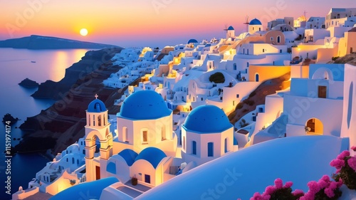 Santorini Sunset  Greek Island Village  Aegean Sea  Blue Domes photo