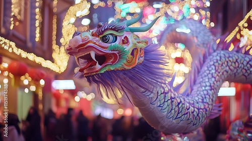 Colorful dragon puppet at night festival.