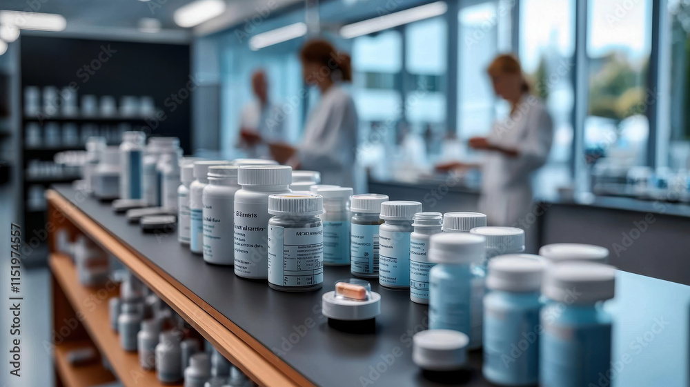 Shelves filled with colorful pill bottles in modern pharmacy setting