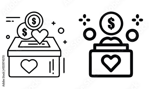 Donation Box Outline Vector Icons, Black outline vector icons of donation boxes with hearts and coins, representing charity, giving, and fundraising, ideal for nonprofit designs.  
