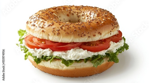 Fresh Bagel Sandwich with Cream Cheese, Lettuce, and Tomato Slices