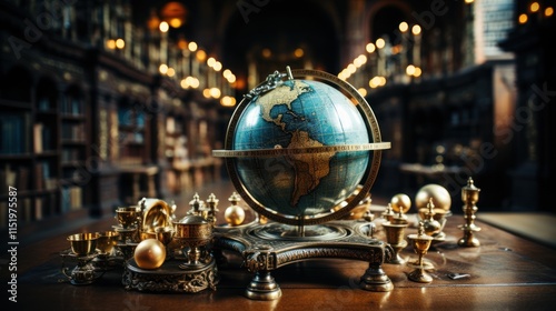 Antique Globe in a Grand Library: A Journey Through Time and Knowledge
