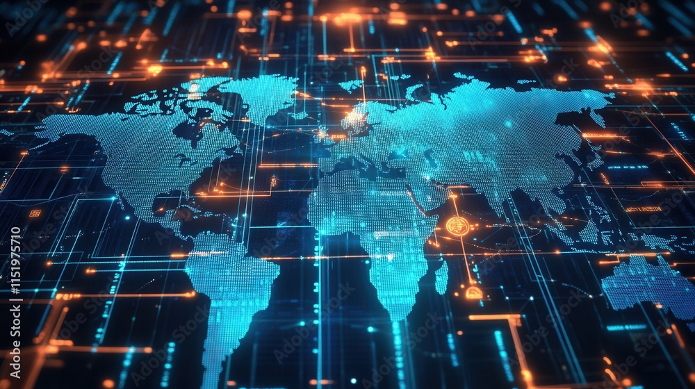 Futuristic Global Trade Map, a vibrant digital display of countries interconnected by glowing trade lines and economic data on a sleek backdrop Futuristic Global Trade Map, a vibrant digital display of countries interconnected by glowing trade lines and economic data on a sleek backdrop