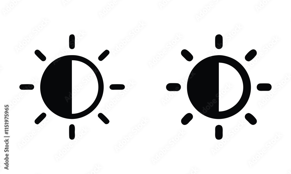 Minimalist Half Sun Icons in Black and White, Pair of black and white half sun vector icons with clean, minimal designs, ideal for weather, daylight, and climate concepts.  
