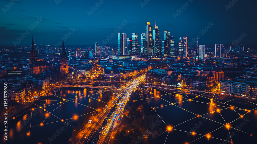 Fototapeta premium Smart digital city with connection cyber security network reciprocity over the cityscape . future smart wireless digital city and social media networking systems that connects people within the city