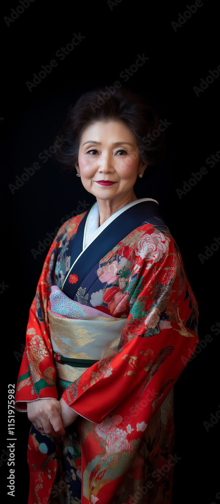 A poised elderly Japanese woman wearing a colorful kimono radiates elegance and cultural beauty, surrounded by rich textures and patterns that symbolize heritage and grace. A poised elderly Japanese woman wearing a colorful kimono radiates elegance and cultural beauty, surrounded by rich textures and patterns that symbolize heritage and grace.