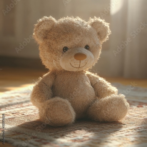 Adorable fluffy teddy bear sitting on a soft rug bathed in warm sunlight, creating a cozy and heartwarming scene perfect for evoking feelings of comfort and affection. photo