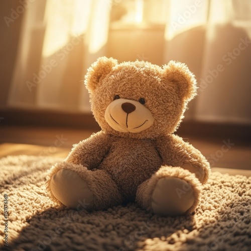 Adorable fluffy teddy bear sitting on a soft rug bathed in warm sunlight, creating a cozy and heartwarming scene perfect for evoking feelings of comfort and affection. photo