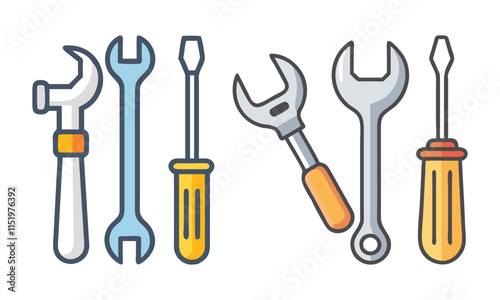Set of Colorful Tool Vector Icons, Collection of colorful vector icons featuring various tools like hammers, wrenches, and screwdrivers, perfect for repair, construction, or DIY projects.
