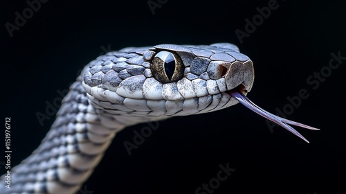 3. Silver snake with raised head and forked tongue flickering against a dark, moody background