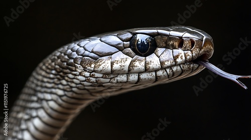 3. Silver snake with raised head and forked tongue flickering against a dark, moody background