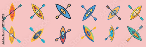 Colorful Kayak and Paddle Vector Icons, Collection of colorful vector icons featuring kayaks and paddles on a pink background, ideal for outdoor, adventure, or water sports designs.
