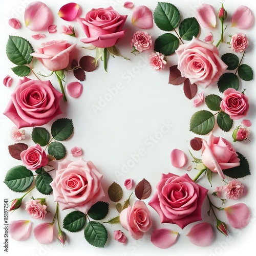 Pink Roses and Petals Border with Text Space, Isolated on White Background, Top View. Created with Generative AI Technology