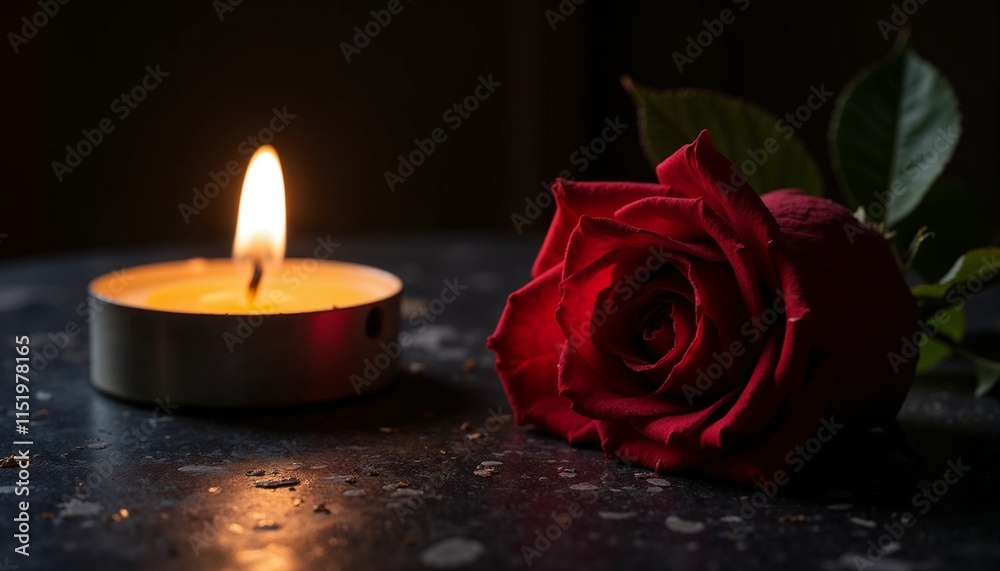 A single red rose beside a burning candle on a dark, moody background