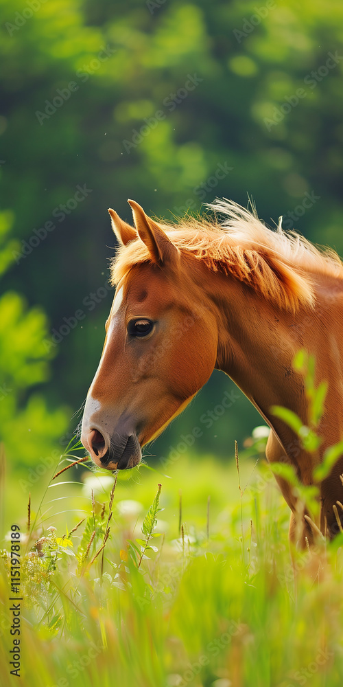 Fototapeta premium happy foal horse in field, banner with copy space