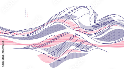 Abstract oriental Japanese art vector background, traditional style design, wavy shapes and mountains terrain landscape, runny like sea lines.