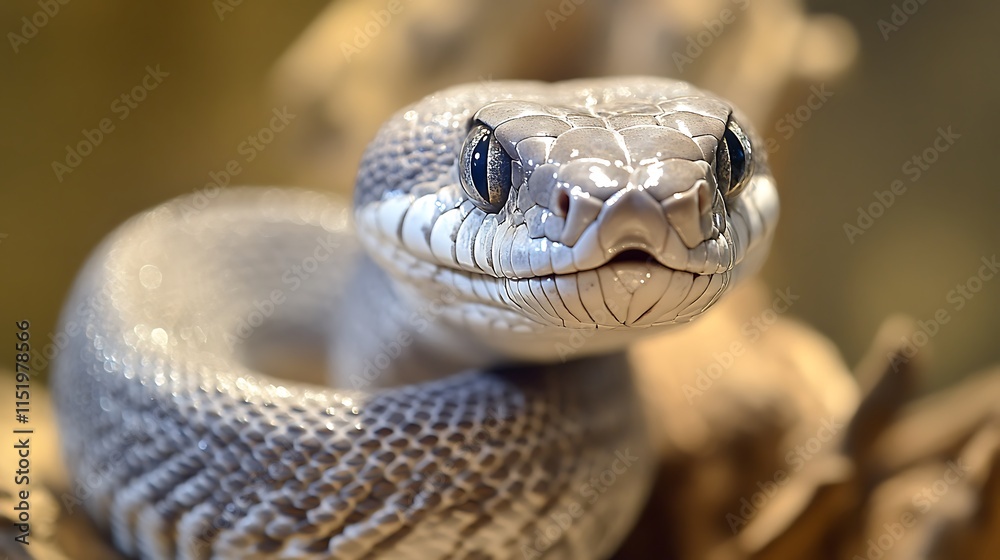 Fototapeta premium 7. Silver snake in a striking pose with its head lifted and eyes glowing faintly