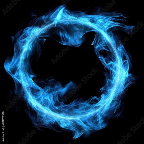 An abstract design of blue fire flames forms a light plasma effect ring, with graphic elements isolated on both transparent and black backgrounds.