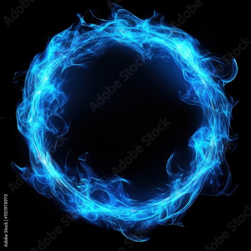 An abstract design of blue fire flames forms a light plasma effect ring, with graphic elements isolated on both transparent and black backgrounds. photo