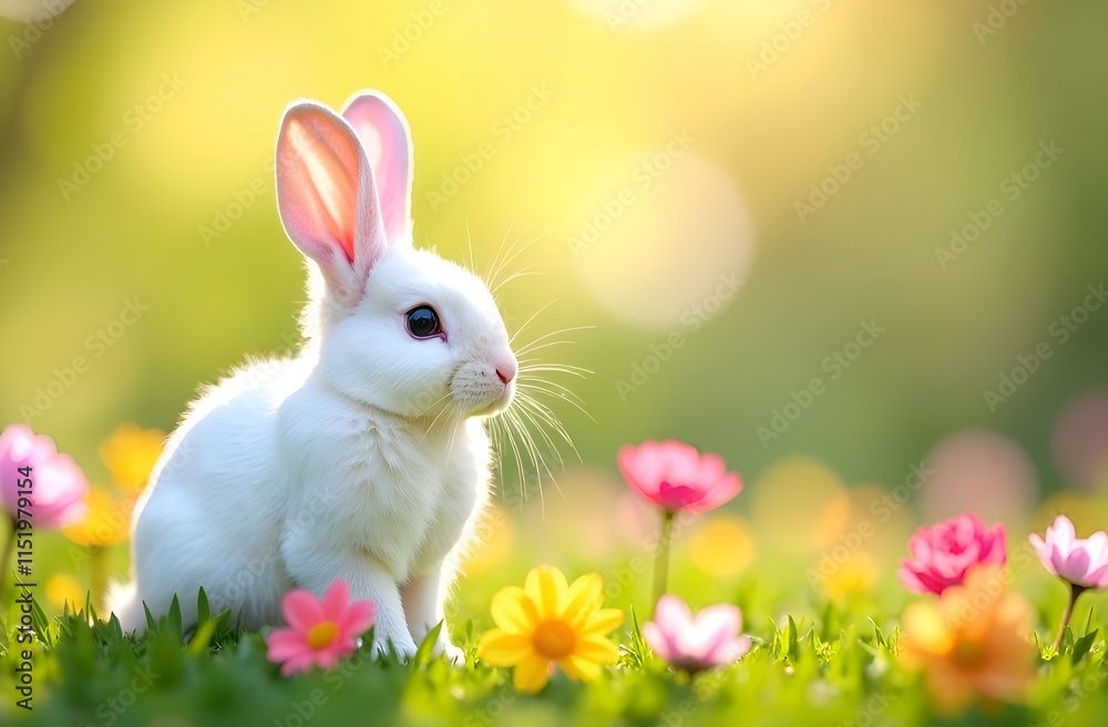Fototapeta premium Easter white bunny on floral field.