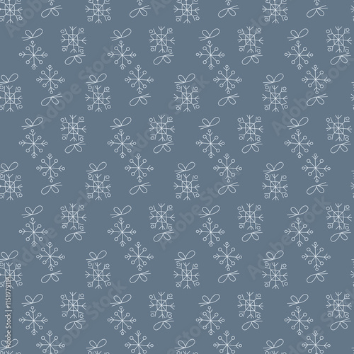 Seamless pattern with snowflakes with bow color. Doodle hand drawn illustration. photo