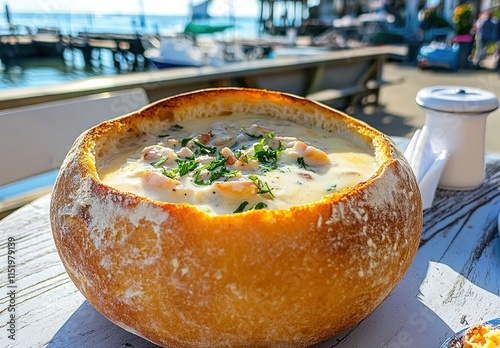 Clam chowder in a bread bowl on a table at the harbor of Point Lobos.  photo