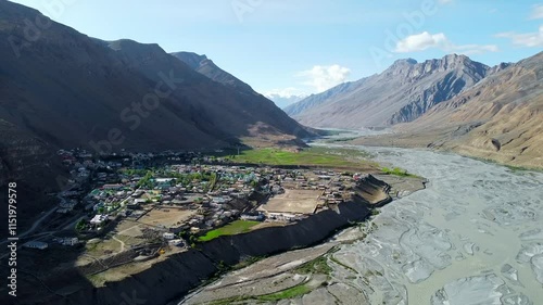 An aerial view of the beautiful kaza town and spiti river in spiti valley, himachal pradesh in India.