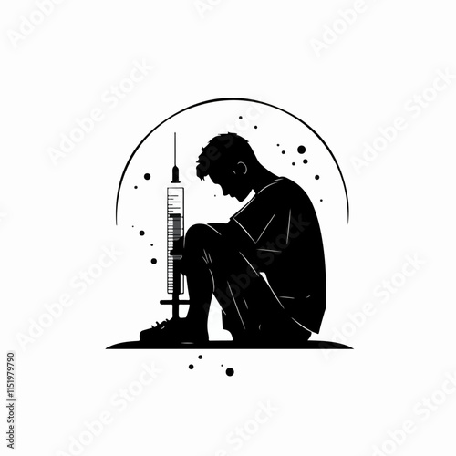 Black and white illustration of a person abusing drugs.
