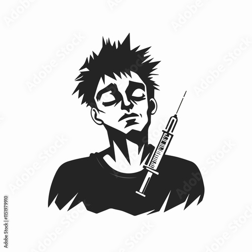 Black and white illustration of a person abusing drugs.