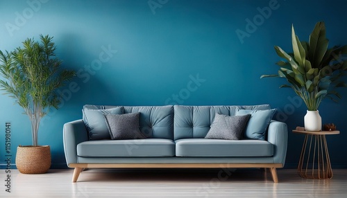 le canape d une maison dans un salon en arriere plan un mur bleu