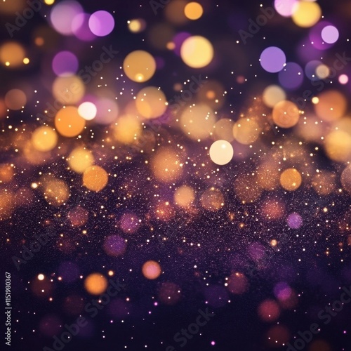 An abstract glitter confetti background featuring gold and purple bokeh effects. photo