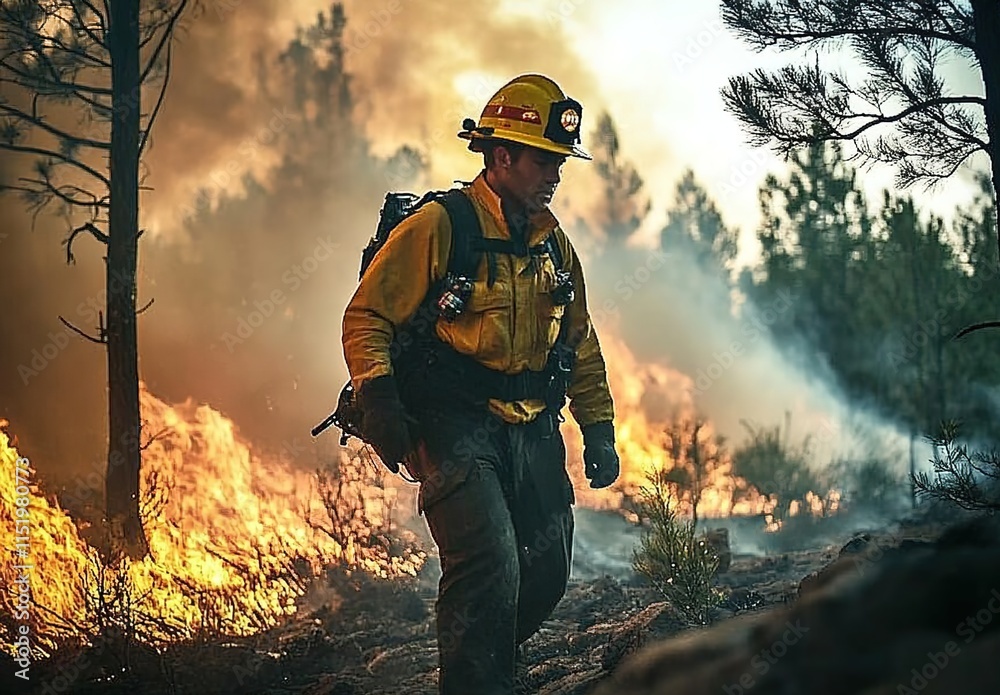 Naklejka premium A firefighter fighting a forest fire in the woods