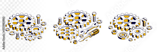 Repair and maintenance concept set, technics service, gears and tools in 3D isometric projection vector illustration, technical mechanical workshop.