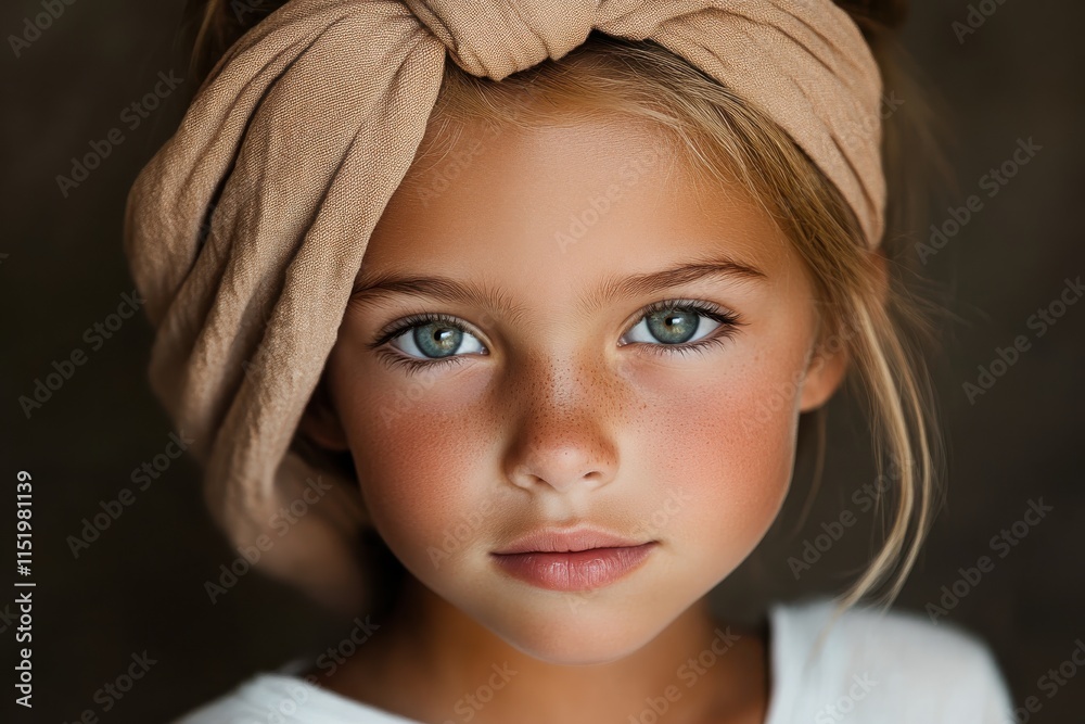 This portrait captures the enchanting beauty of a girl in white, framed by a light brown headband, radiating innocence and joy through her sparkling eyes and charming freckles. This portrait captures the enchanting beauty of a girl in white, framed by a light brown headband, radiating innocence and joy through her sparkling eyes and charming freckles.