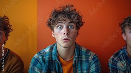  Insightful portrait series featuring a 22-year-old man conveying a variety of emotions against solid-colored backdrops
