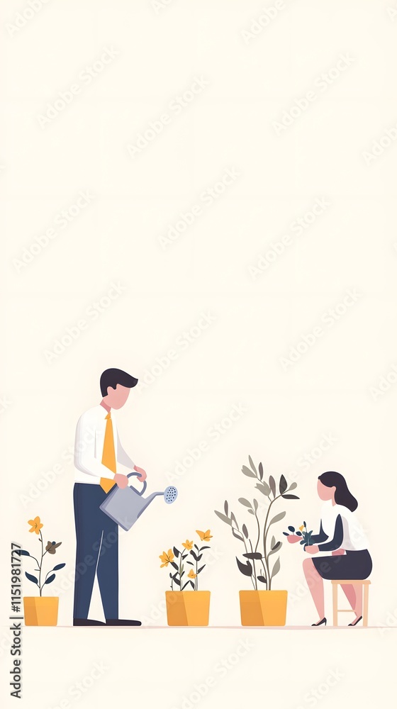 A businessman in business attire is watering three pots of flowers with a watering can A businessman in business attire is watering three pots of flowers with a watering can