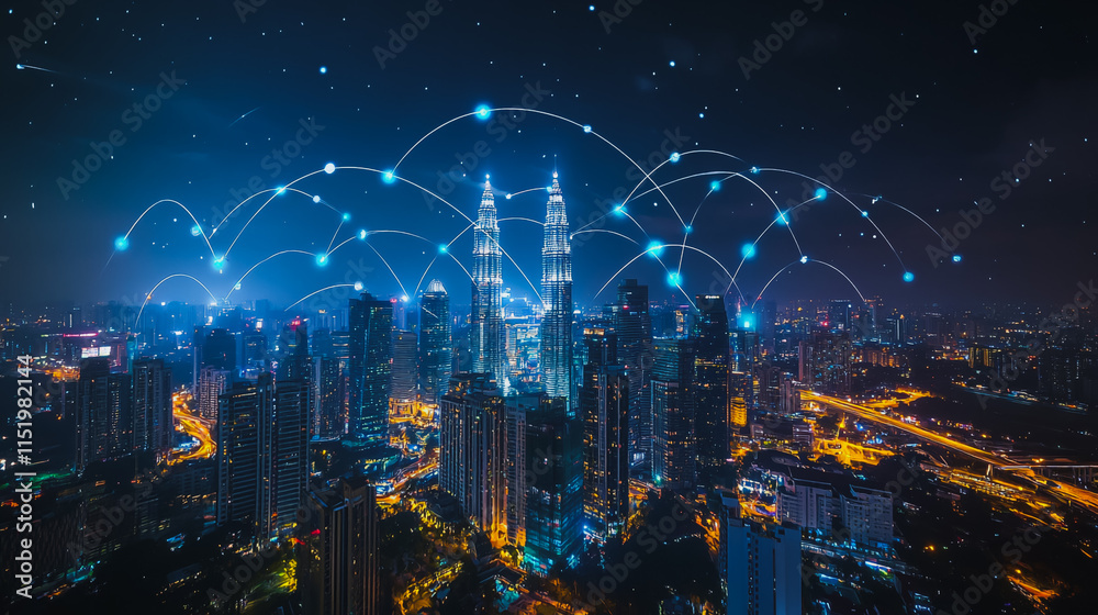 Obraz premium Smart digital city with connection cyber security network reciprocity over the cityscape . future smart wireless digital city and social media networking systems that connects people within the city