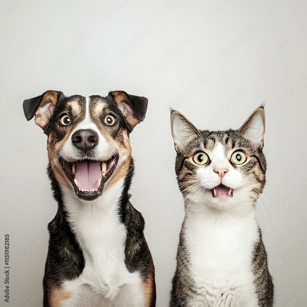 Fototapeta premium Photo of Playful Dog and Cat on White Background