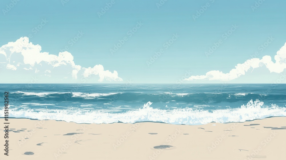 Obraz premium Serene Coastal Escape, tranquil beach scene, azure skies, gentle ocean waves, soothing atmosphere, ideal for relaxation and contemplation