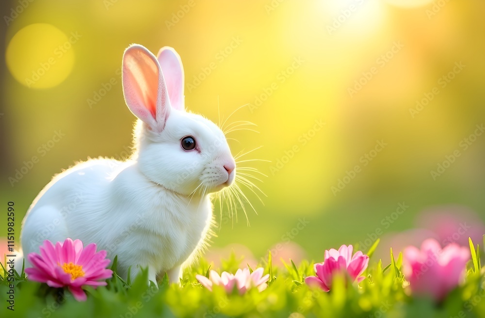 Fototapeta premium Easter white bunny on floral field.
