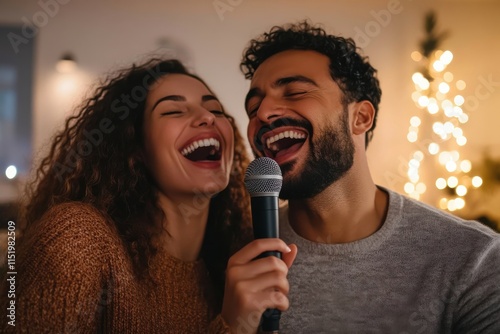 A happy couple singing together, filled with joy and laughter, captured in a warm and inviting scene illuminated by soft lights, reflecting their connection.