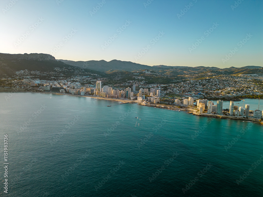 Spectacular coastline of Calpe at sunset. Beautiful panoramic view of all region. Luxury urbanisations and Hotels. Famous travel destination in Alicante, Costa Blanca, Spain. Sunset point. Spectacular coastline of Calpe at sunset. Beautiful panoramic view of all region. Luxury urbanisations and Hotels. Famous travel destination in Alicante, Costa Blanca, Spain. Sunset point.