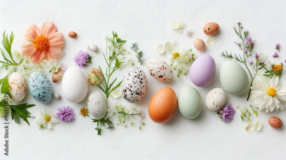 Obraz premium A flat lay of spring flowers and Easter eggs, arranged artistically on a white background
