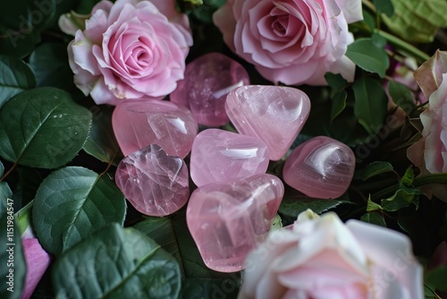 Fototapeta Naklejka Na Ścianę i Meble -  Polished rose quartz crystals are arranged on a bed of green leaves and pink roses, creating a serene and beautiful display