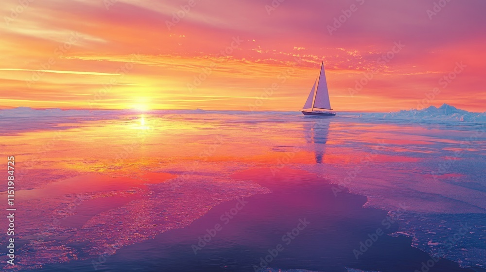 Fototapeta premium A frozen sea reflecting the colors of a vibrant sunset, with a sailboat gently framed against the glowing orange sky