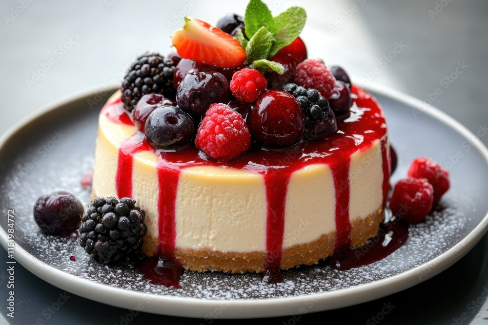 Delicious Cheesecake Topped With Mixed Berries And Sauce Delicious Cheesecake Topped With Mixed Berries And Sauce